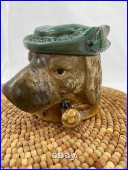 RARE Vintage Dog Majolica Tobacco Jar Cigar Humidor Figural Trinket Jar w Lid