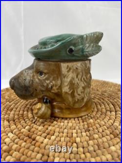 RARE Vintage Dog Majolica Tobacco Jar Cigar Humidor Figural Trinket Jar w Lid