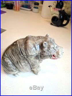 RARE Vintage Majolica Hippopotamus Tobacco Jar Humidor, Hippo, Marked