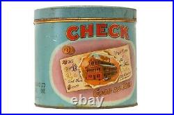Rare 1910s Check round litho 50 cigar humidor tin in fair condition