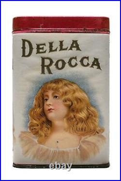 Rare 1910s Della Rocca paper label humidor 25 cigar tin in near mint cond