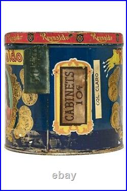 Rare 1910s Reynaldo round blue litho 50 cigar humidor tin in good condition