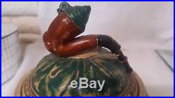 Rare 19C Majolica Humidor Tobacco Leaf Jar German 554 Pipe Smoker's Faces Cigar
