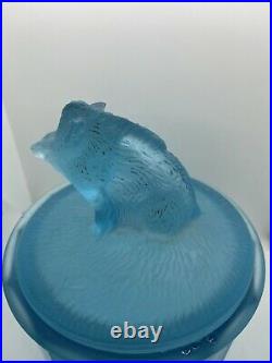 Rare Antique Blue Boar Hog Piggy Tobacco Jar/Cigar Humidor Satin Frosted Glass