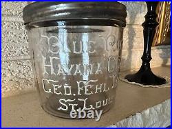 Rare Antique Blue Ribbon Havana Cigars Embossed Glass Counter Jar St. Louis MO
