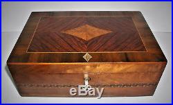 Rare Antique Cross Wood Marquetry Milk Glass Lined Humidor with Key