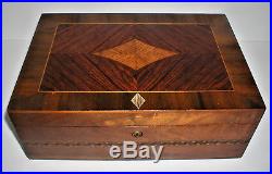 Rare Antique Cross Wood Marquetry Milk Glass Lined Humidor with Key