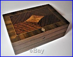 Rare Antique Cross Wood Marquetry Milk Glass Lined Humidor with Key