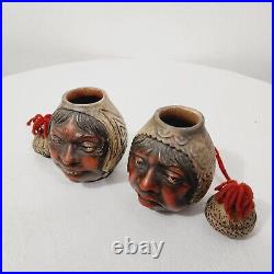 Rare Antique Handmade Happy Sad Americana Lidded Humidor Tabacco Jars Pottery