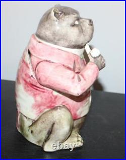 Rare Antique Majolica HumidorTobacco Jar Gentleman Bull Dog Smoking a Pipe 8