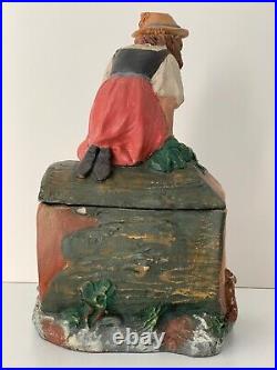 Rare Antique Tobacco Jar Girl With Two Rabbits