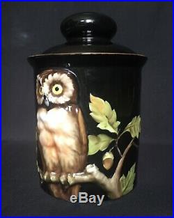 Rare Antique Vintage Japan Noritake Owl Leaf Acorn Relief Porcelain Humidor Jar