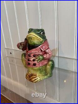 Rare Austrian Antique Frog Smoking Pipe Humidor Jar Majolica 6.25