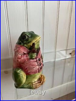 Rare Austrian Antique Frog Smoking Pipe Humidor Jar Majolica 6.25