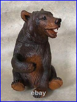 Rare BEAR TOBACCO JAR MUSIC BOX Black Forest Figural Wood Carved Humidor c. 1950