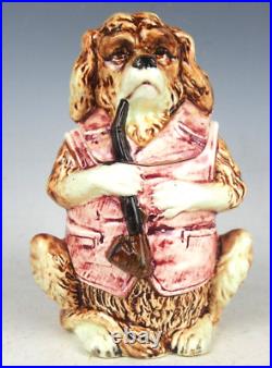 Rare MAJOLICA HUMIDOR TOBACCO JAR WITH SPANIEL DOG SMOKING A PIPE 6.25 TALL