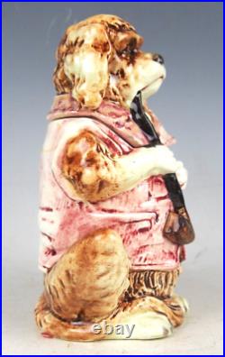 Rare MAJOLICA HUMIDOR TOBACCO JAR WITH SPANIEL DOG SMOKING A PIPE 6.25 TALL