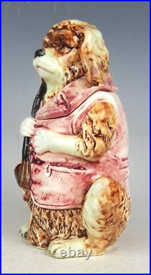 Rare MAJOLICA HUMIDOR TOBACCO JAR WITH SPANIEL DOG SMOKING A PIPE 6.25 TALL