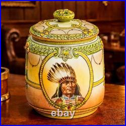 Rare Nippon Antique Painted Native American Indian Chief Tobacco Humidor Jar
