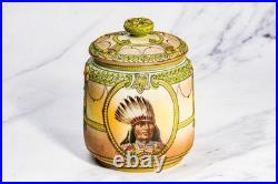 Rare Nippon Antique Painted Native American Indian Chief Tobacco Humidor Jar