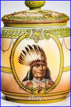 Rare Nippon Antique Painted Native American Indian Chief Tobacco Humidor Jar