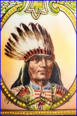Rare Nippon Antique Painted Native American Indian Chief Tobacco Humidor Jar