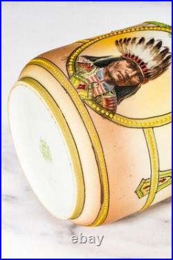 Rare Nippon Antique Painted Native American Indian Chief Tobacco Humidor Jar