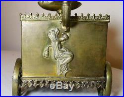 Rare antique figural brass cigar humidor oil lamp store lighter ashtray box cart
