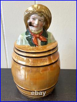 Rare -old Figured Ceramic Humidor Or Tobacco Jar Man With Hat, Cigar And Scarf