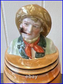 Rare -old Figured Ceramic Humidor Or Tobacco Jar Man With Hat, Cigar And Scarf