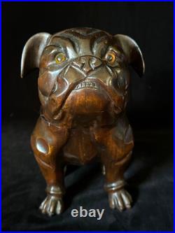 SEATED BULLDOG TOBACCO JAR HUMIDOR 9.5 Black Forest Wooden Antique GERMANY 1895