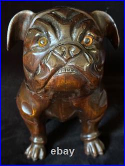 SEATED BULLDOG TOBACCO JAR HUMIDOR 9.5 Black Forest Wooden Antique GERMANY 1895