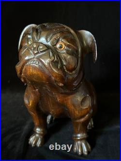 SEATED BULLDOG TOBACCO JAR HUMIDOR 9.5 Black Forest Wooden Antique GERMANY 1895