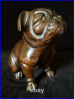 SEATED BULLDOG TOBACCO JAR HUMIDOR 9.5 Black Forest Wooden Antique GERMANY 1895