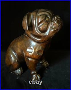 SEATED BULLDOG TOBACCO JAR HUMIDOR 9.5 Black Forest Wooden Antique GERMANY 1895