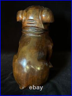 SEATED BULLDOG TOBACCO JAR HUMIDOR 9.5 Black Forest Wooden Antique GERMANY 1895