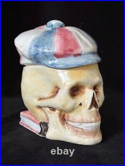 SKULL WITH CAP & BOOK Tobacco Jar Antique Majolica Humidor C1920 Memento Mori