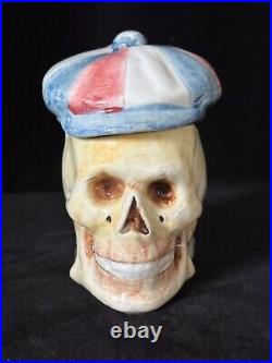 SKULL WITH CAP & BOOK Tobacco Jar Antique Majolica Humidor C1920 Memento Mori