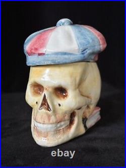 SKULL WITH CAP & BOOK Tobacco Jar Antique Majolica Humidor C1920 Memento Mori