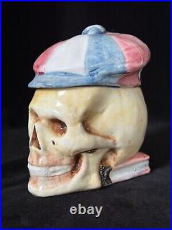 SKULL WITH CAP & BOOK Tobacco Jar Antique Majolica Humidor C1920 Memento Mori