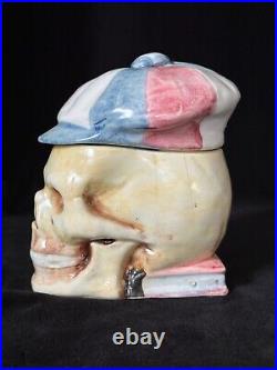 SKULL WITH CAP & BOOK Tobacco Jar Antique Majolica Humidor C1920 Memento Mori