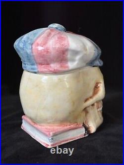 SKULL WITH CAP & BOOK Tobacco Jar Antique Majolica Humidor C1920 Memento Mori