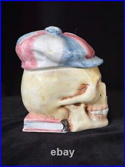 SKULL WITH CAP & BOOK Tobacco Jar Antique Majolica Humidor C1920 Memento Mori