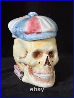 SKULL WITH CAP & BOOK Tobacco Jar Antique Majolica Humidor C1920 Memento Mori