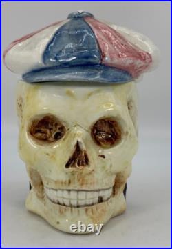 SKULL With CAP & BOOK Tobacco Jar Antique Majolica Humidor Memento Mori READ COND