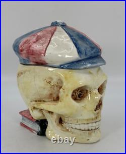 SKULL With CAP & BOOK Tobacco Jar Antique Majolica Humidor Memento Mori READ COND