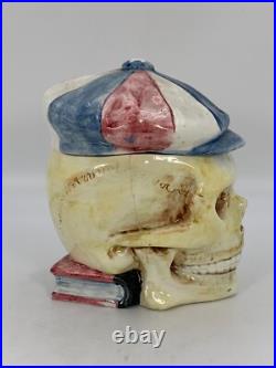 SKULL With CAP & BOOK Tobacco Jar Antique Majolica Humidor Memento Mori READ COND