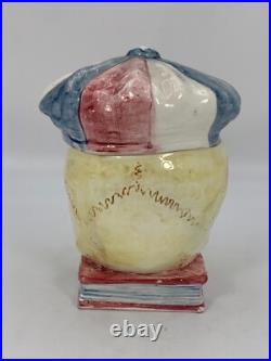 SKULL With CAP & BOOK Tobacco Jar Antique Majolica Humidor Memento Mori READ COND
