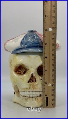SKULL With CAP & BOOK Tobacco Jar Antique Majolica Humidor Memento Mori READ COND