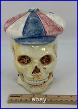 SKULL With CAP & BOOK Tobacco Jar Antique Majolica Humidor Memento Mori READ COND